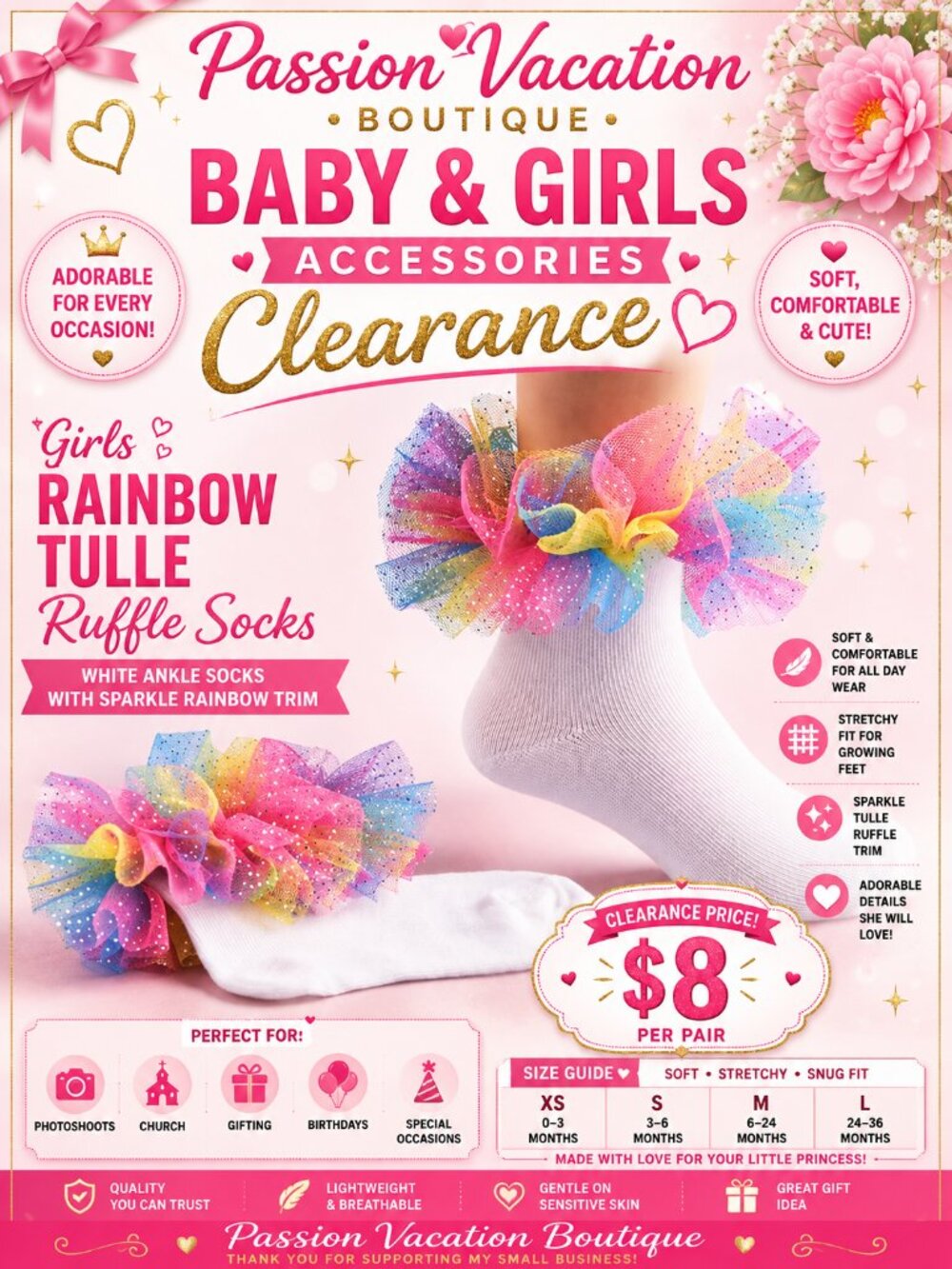 2/$12 Girls Rainbow Tulle Ruffle Socks | White Sparkle Ankle Socks